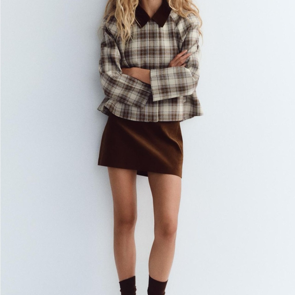 Zara Plaid Bomber Jacket in Brown and Cream with Corduroy Collar - Picture 4 of 5
